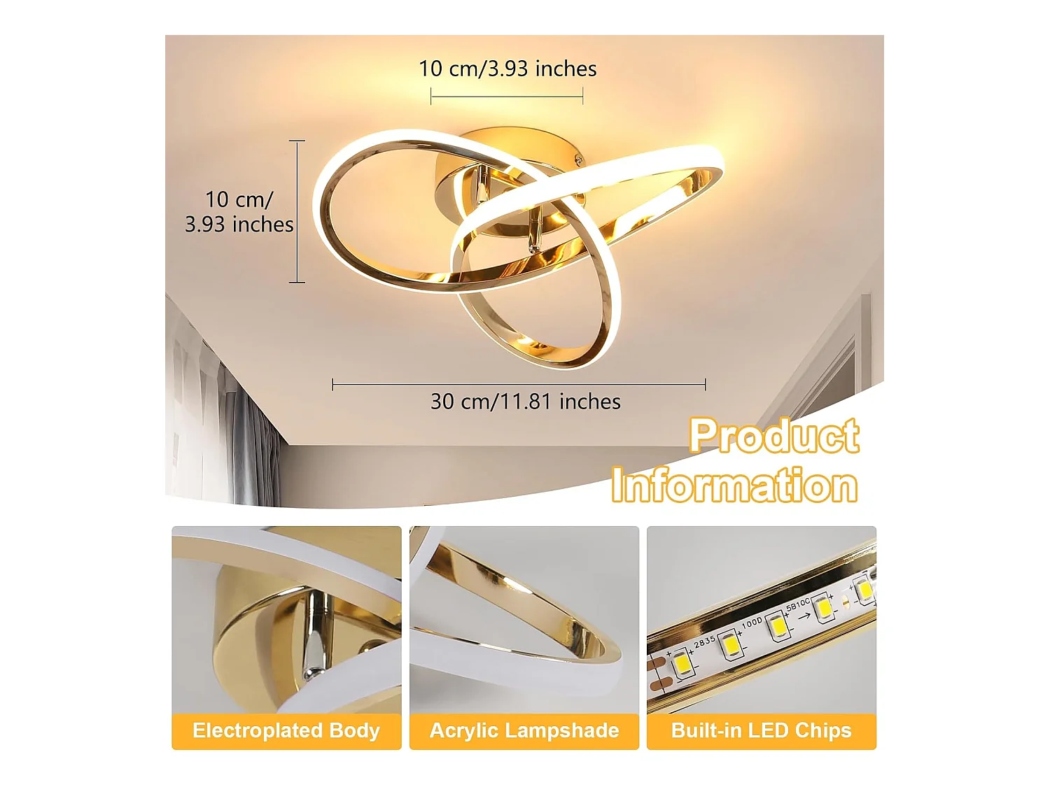 Plafonnier LED Moderne, 30W 3375LM Lampe de Plafond LED, Luminaire Plafonnier pour Chambre, Salon, Salle à Manger, Couloir, Lumière Blanche Chaude 3000K, Or