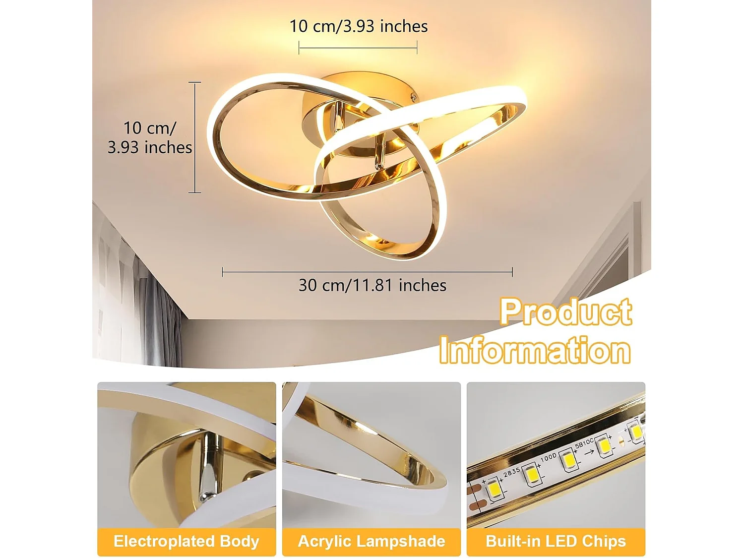 Plafonnier LED Moderne, 30W 3375LM Lampe de Plafond LED, Luminaire Plafonnier pour Chambre, Salon, Salle à Manger, Couloir, Lumière Blanche Chaude 3000K, Or