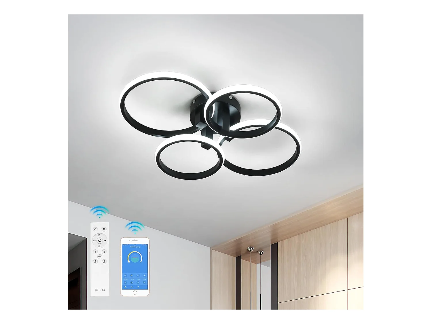 Plafonnier LED Rond 4 Anneaux Dimmable Moderne - 76W avec Télécommande (3000K-6500K) Noir pour Chambre, Salon, Cuisine - Diamètre 58cm