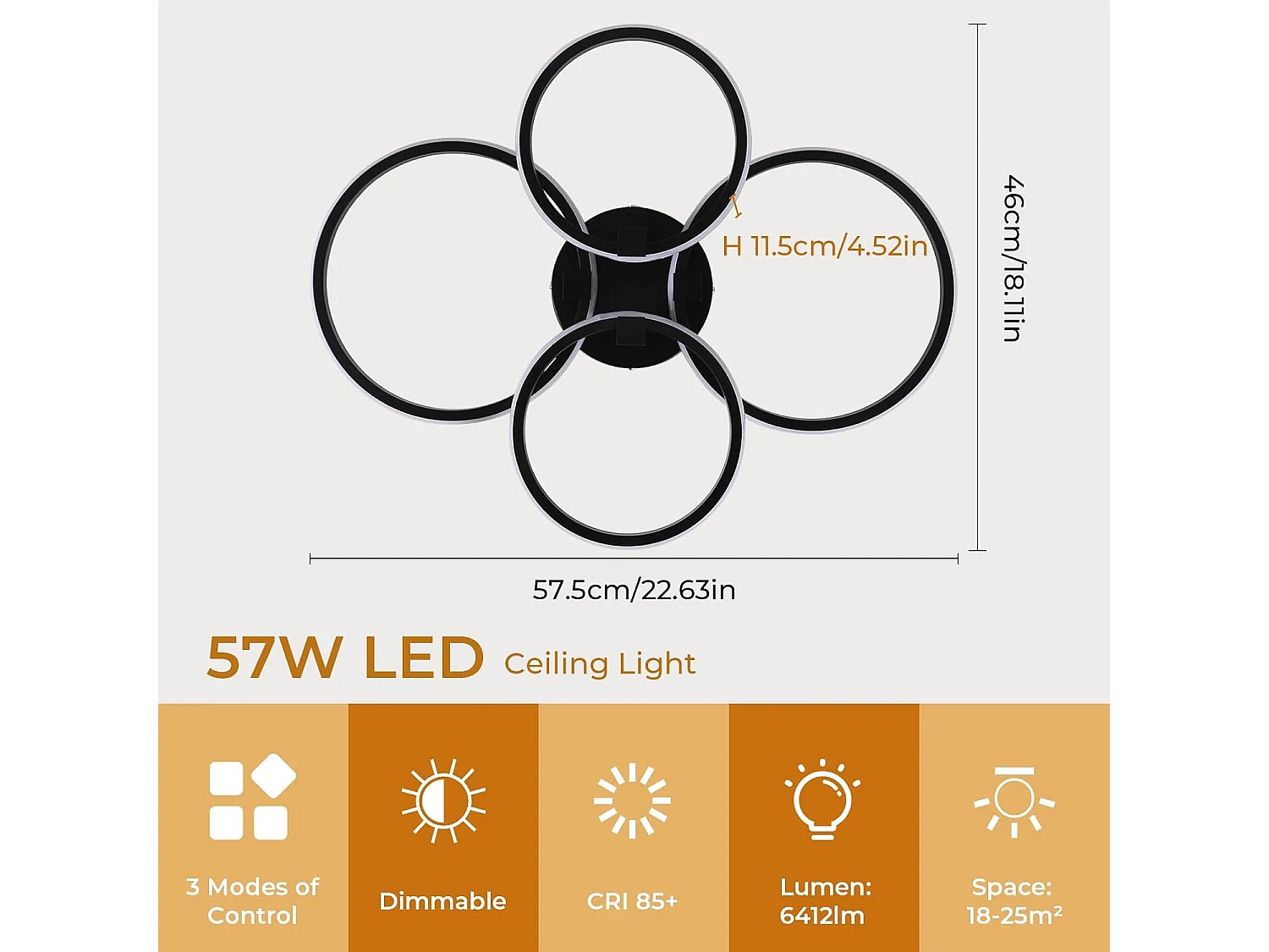 Plafonnier LED Rond 4 Anneaux Dimmable Moderne - 76W avec Télécommande (3000K-6500K) Noir pour Chambre, Salon, Cuisine - Diamètre 58cm