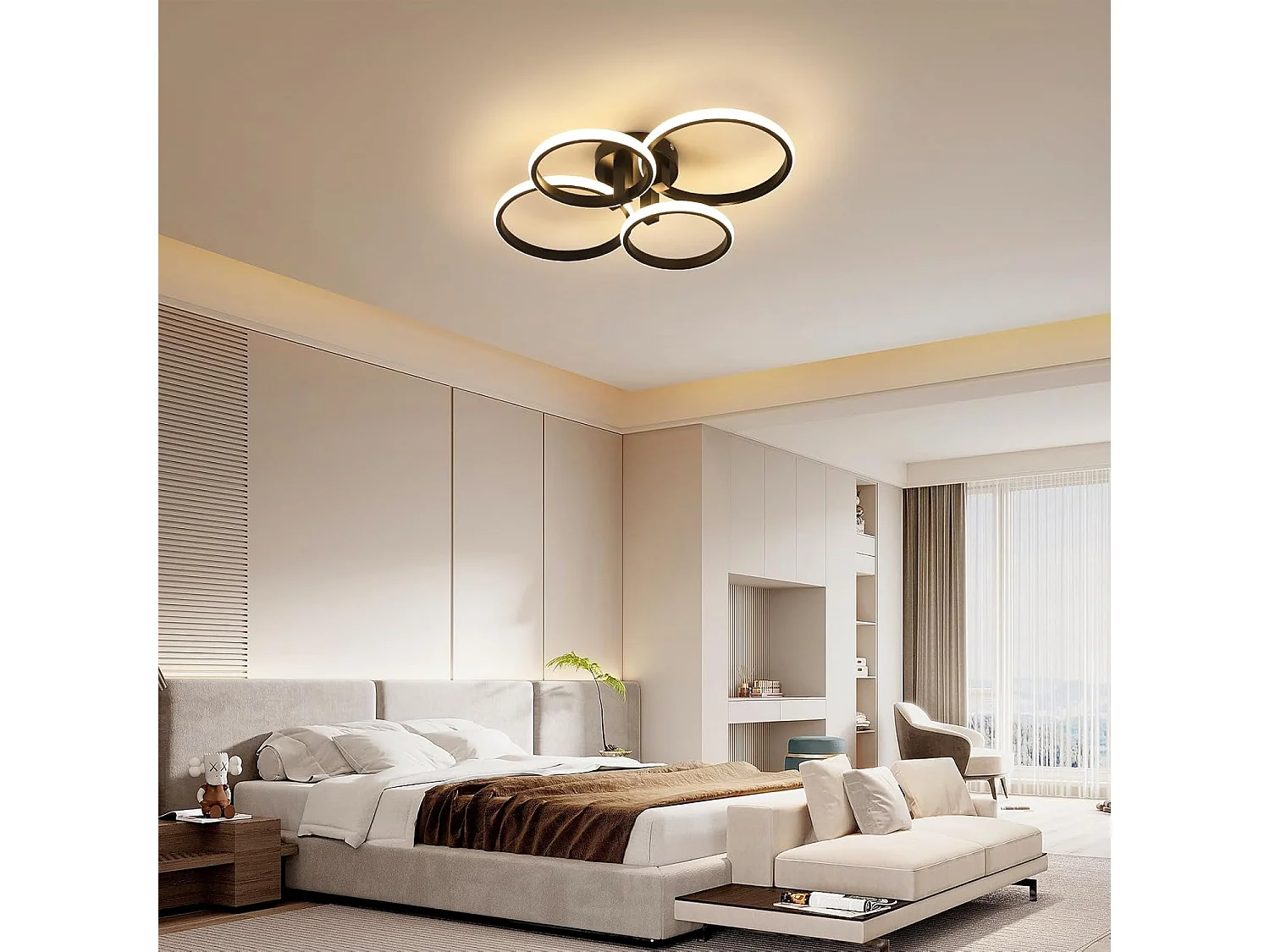 Plafonnier LED Rond 4 Anneaux Dimmable Moderne - 76W avec Télécommande (3000K-6500K) Noir pour Chambre, Salon, Cuisine - Diamètre 58cm