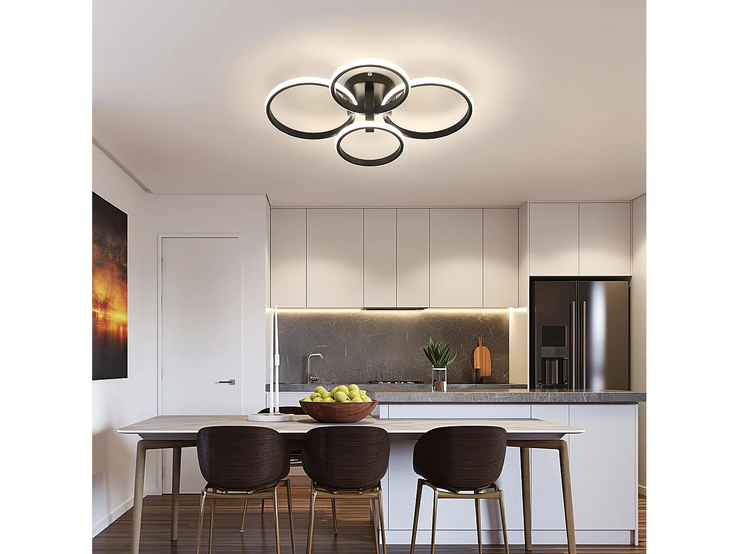 Plafonnier LED Rond 4 Anneaux Dimmable Moderne - 76W avec Télécommande (3000K-6500K) Noir pour Chambre, Salon, Cuisine - Diamètre 58cm