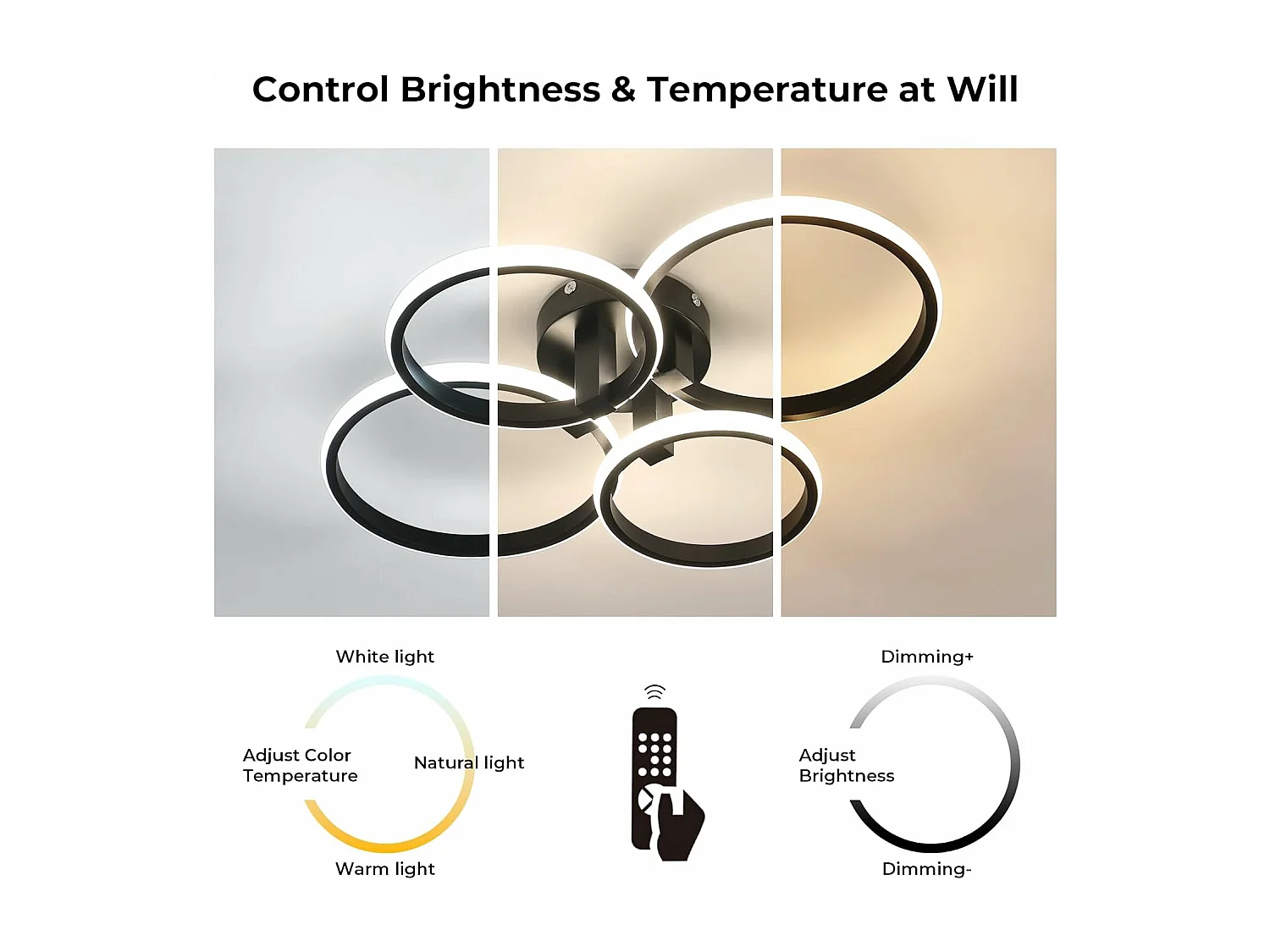Plafonnier LED Rond 4 Anneaux Dimmable Moderne - 76W avec Télécommande (3000K-6500K) Noir pour Chambre, Salon, Cuisine - Diamètre 58cm