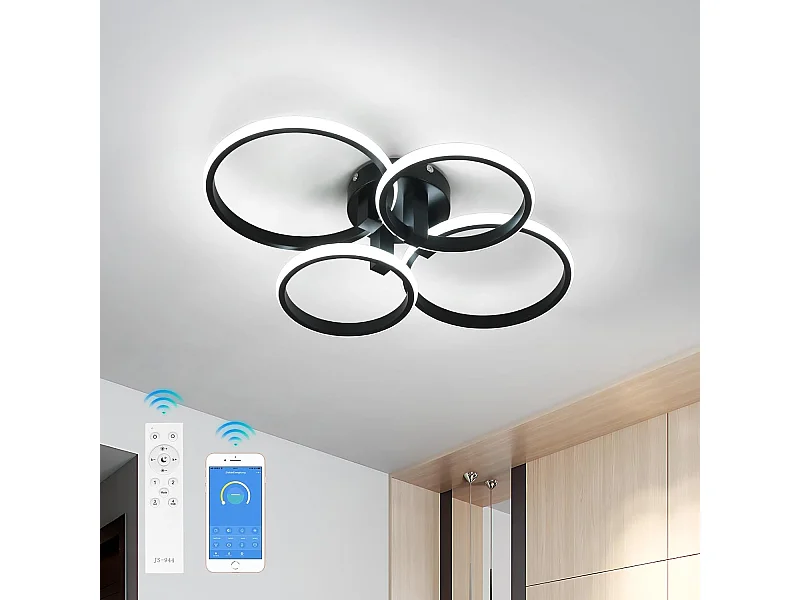 Plafonnier LED Rond 4 Anneaux Dimmable Moderne - 76W avec Télécommande (3000K-6500K) Noir pour Chambre, Salon, Cuisine - Diamètre 58cm