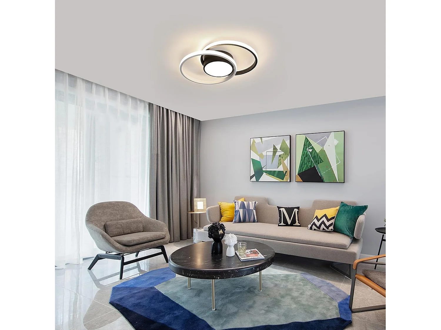 Plafonnier LED Moderne 42W 4725LM (4500K Lumière Naturelle) - Lampe de Plafond Rond Créatif Noir pour Salon, Chambre, Bureau, Couloir