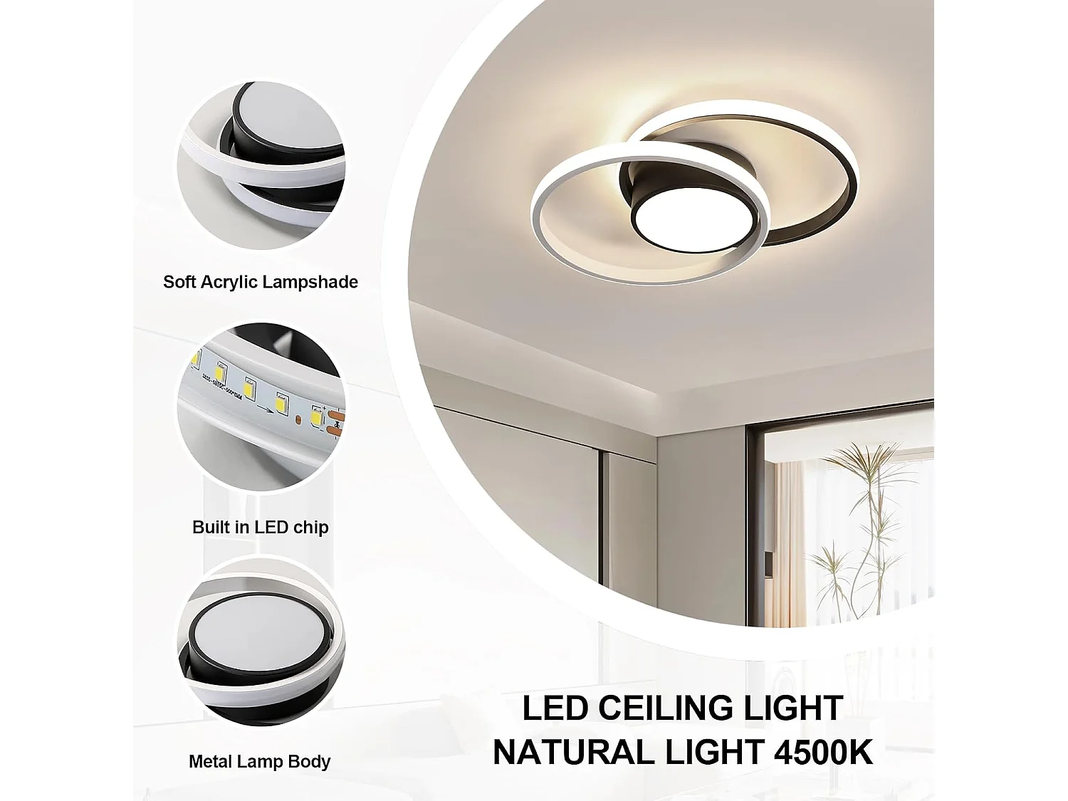 Plafonnier LED Moderne 42W 4725LM (4500K Lumière Naturelle) - Lampe de Plafond Rond Créatif Noir pour Salon, Chambre, Bureau, Couloir