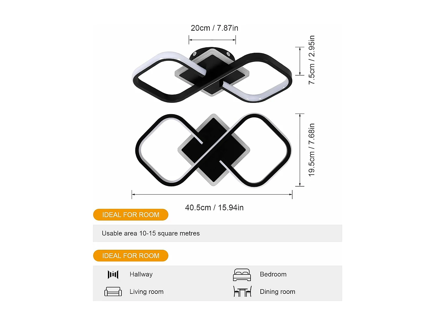Plafonnier LED Moderne 36W 4050LM, Luminaire Noir 40.5CM, Éclairage de Plafond Carré Acrylique pour Salon Chambre Cuisine Salle à Manger, Blanc Chaud 3000K