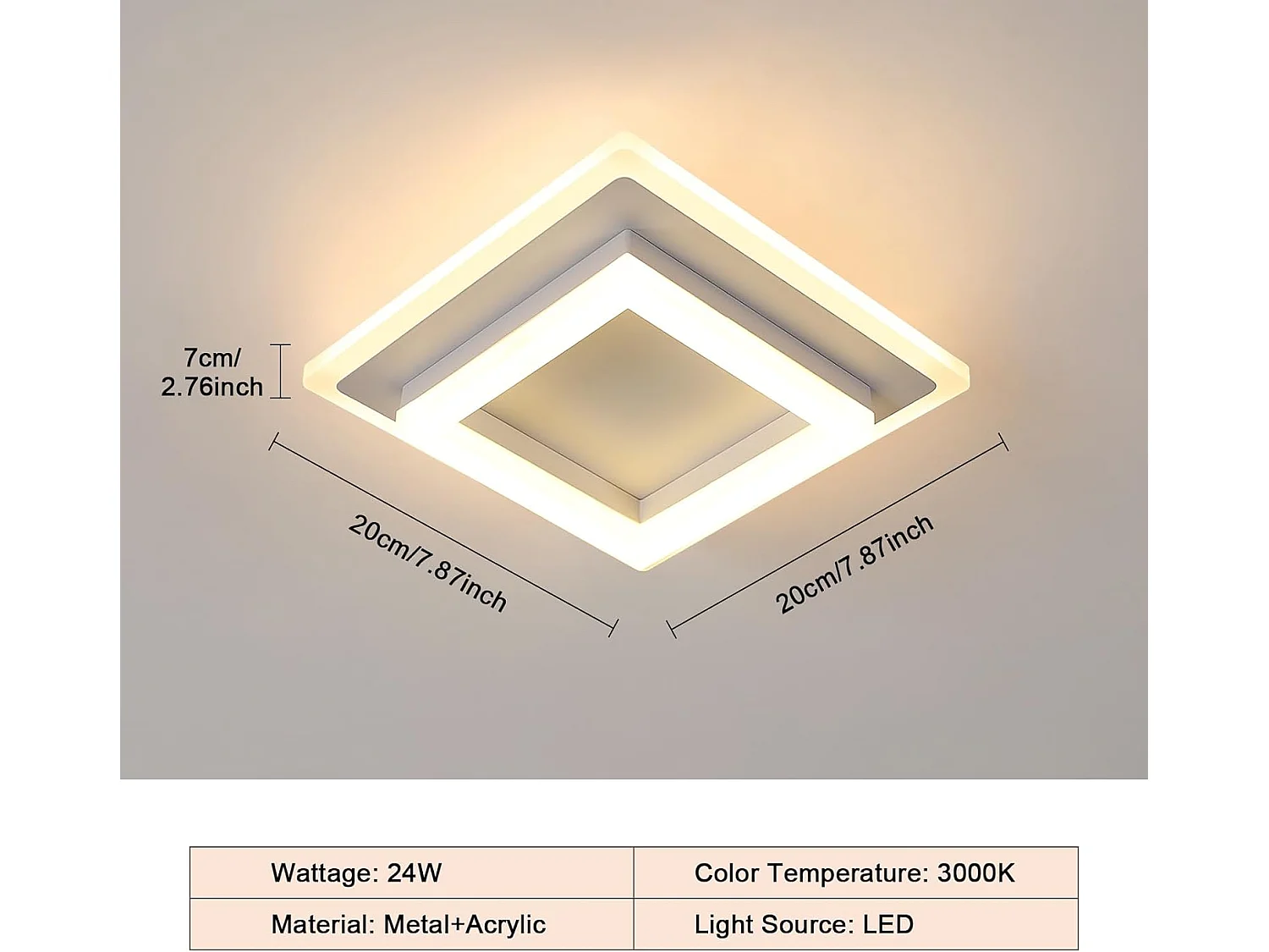 Plafonnier LED Carré en Acrylique Moderne 24W 2700LM 3000K - Chambre, Salon, Couloir, Bureau - Lumière Blanche Chaude