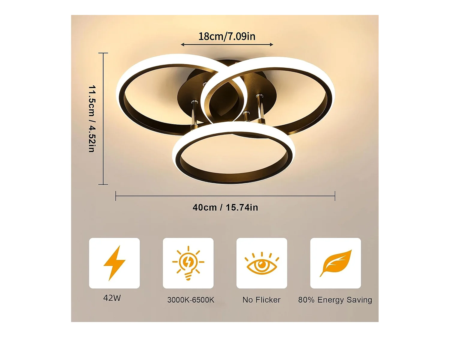Plafonnier LED rond dimmable 42W 4500LM 40cm, télécommande incluse, luminosité réglable 3000K-6500K, pour chambre et salon