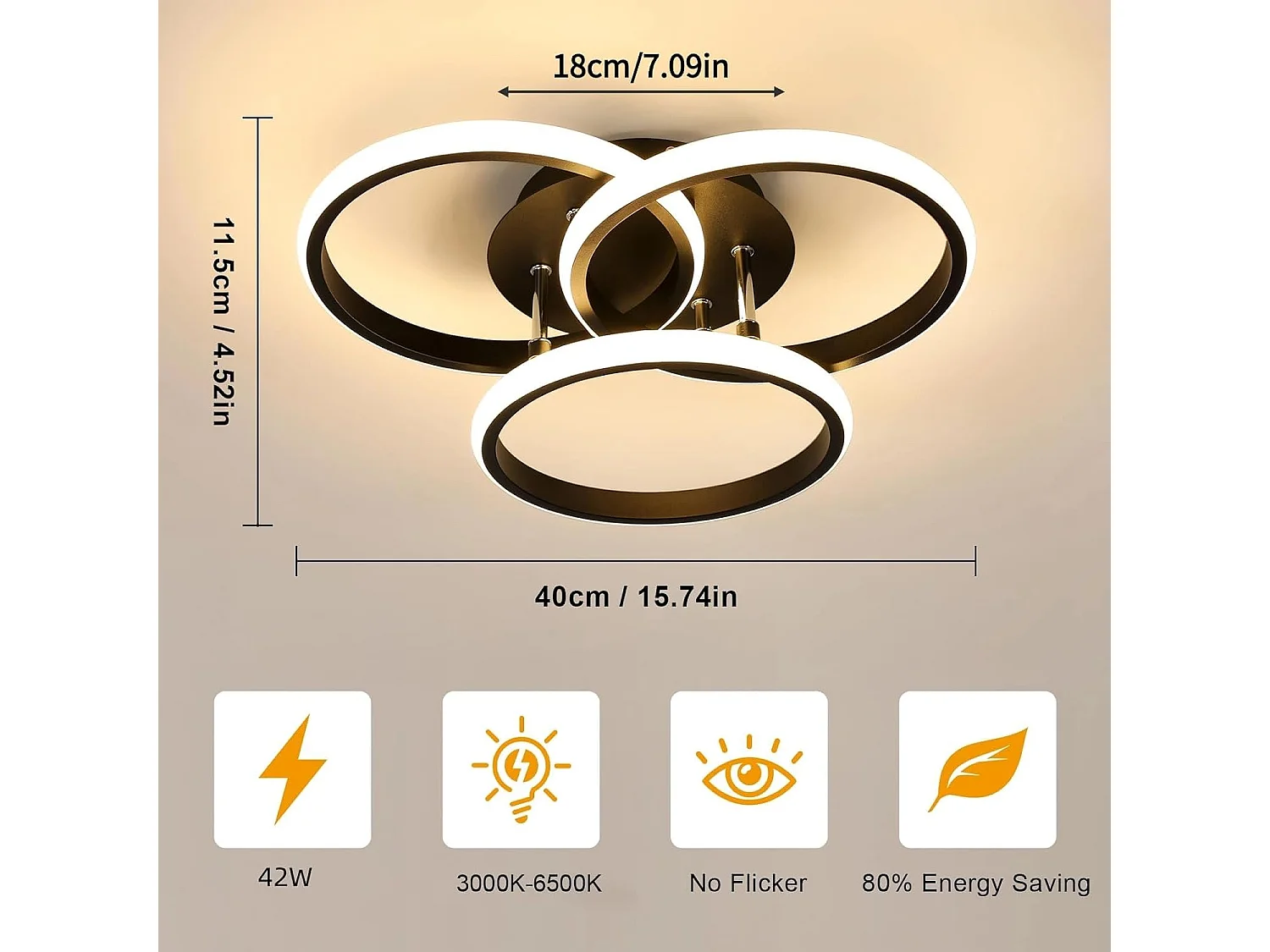 Plafonnier LED rond dimmable 42W 4500LM 40cm, télécommande incluse, luminosité réglable 3000K-6500K, pour chambre et salon