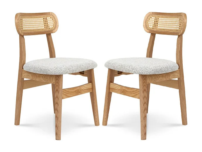 Lot de 2 chaises en bois massif, dossier en cannage et assise en tissu chiné gris