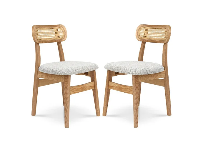 Lot de 2 chaises en bois massif, dossier en cannage et assise en tissu chiné gris