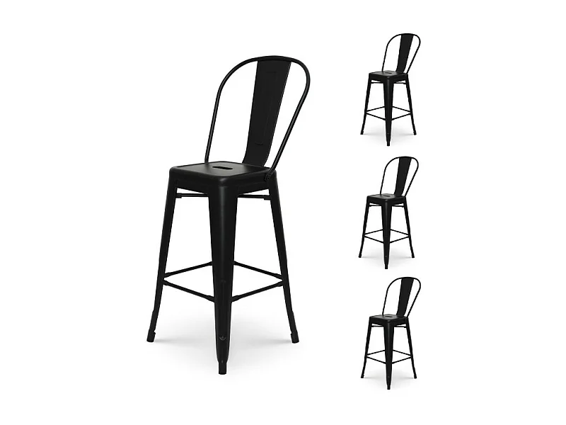 Lot de 4 tabourets de bar en métal noir mat style industriel - Dossier haut - Hauteur 66cm