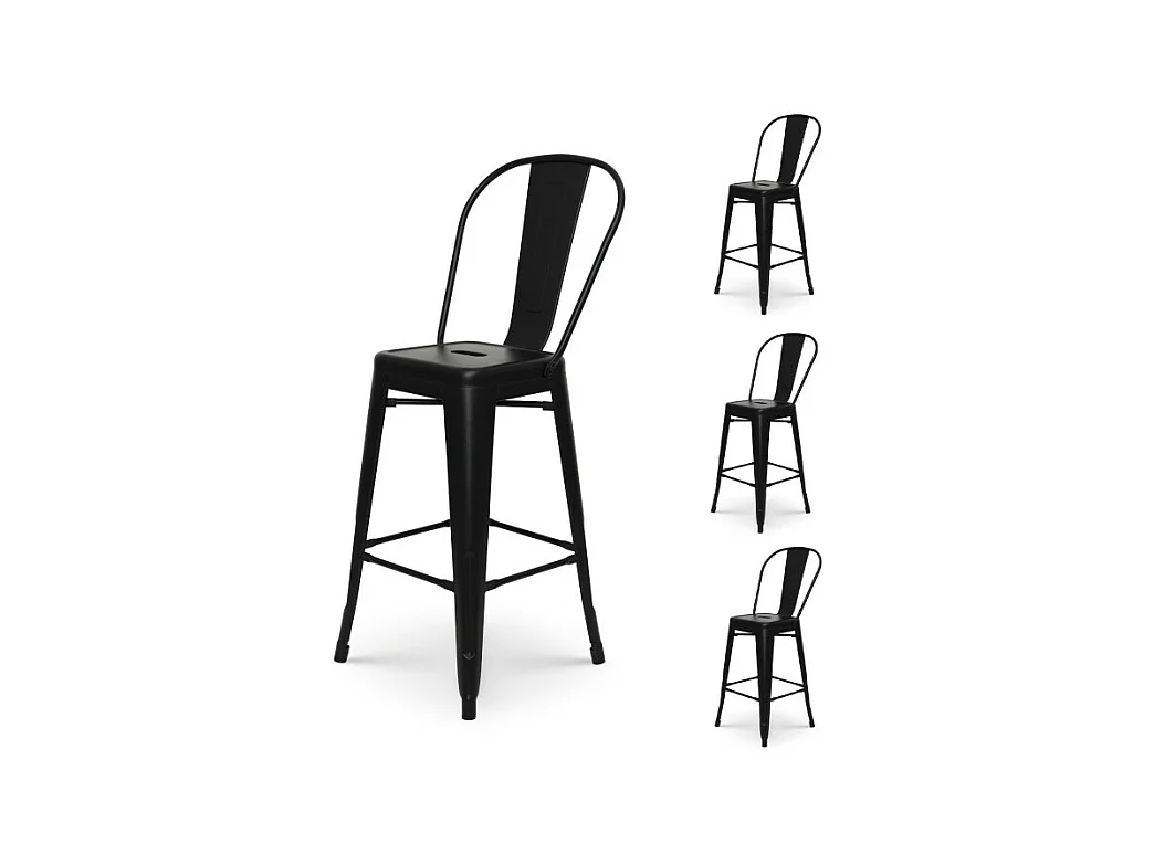 Lot de 4 tabourets de bar en métal noir mat style industriel - Dossier haut - Hauteur 66cm