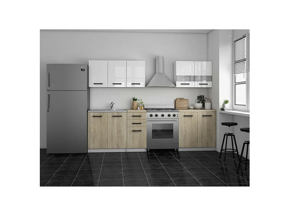 Meble Kuchenne Katia Set 200 | Biały/Dąb Sonoma | 200x60x180 cm | Zestaw Mebli Kuchennych