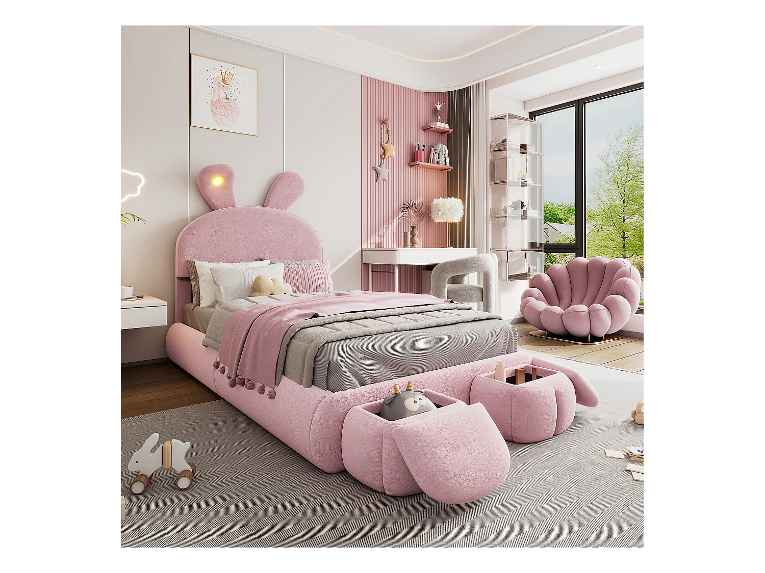 Kinder-Polsterbett mit Cartoon-Motiv – 90 x 200 cm – mit 2 Aufbewahrungshockern – Hasenohren mit LEDs – Samt – Rosa