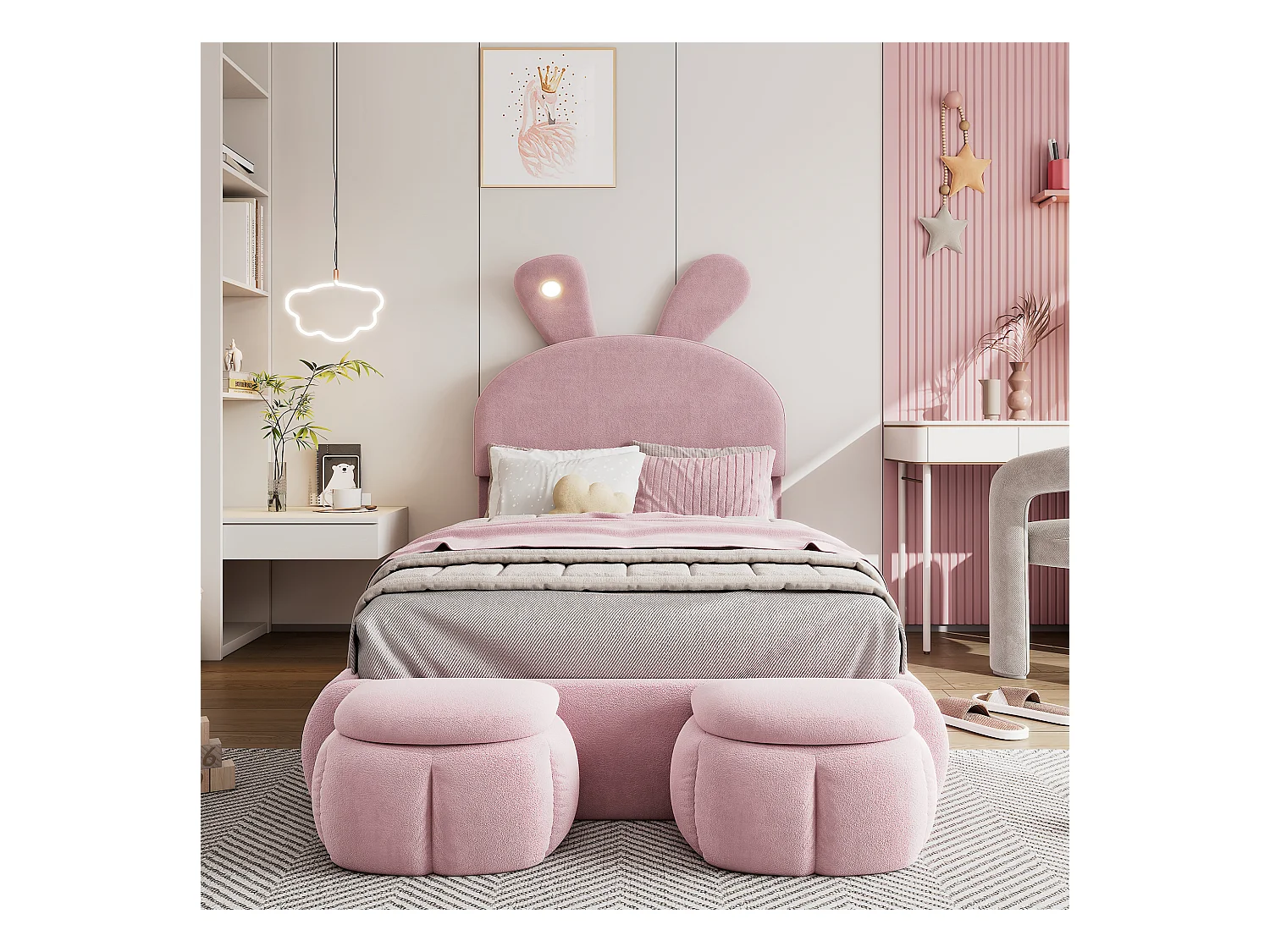 Lit capitonné cartoon pour enfant - 90 x 200 cm - avec 2 tabourets de rangement - oreilles de lapin avec LEDs - Velours - Rose