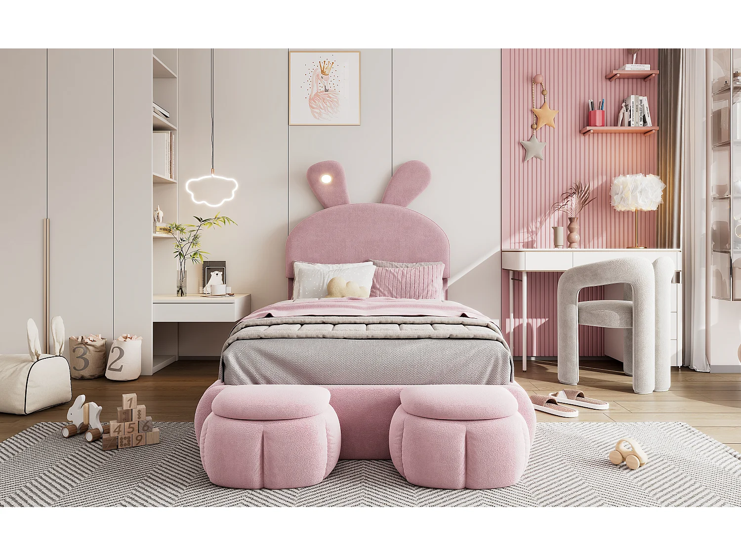 Kinderbed met cartoonbekleding - 90 x 200 cm - met 2 opbergkrukken - Konijnenoren met ledlampjes - Fluweel - Roze