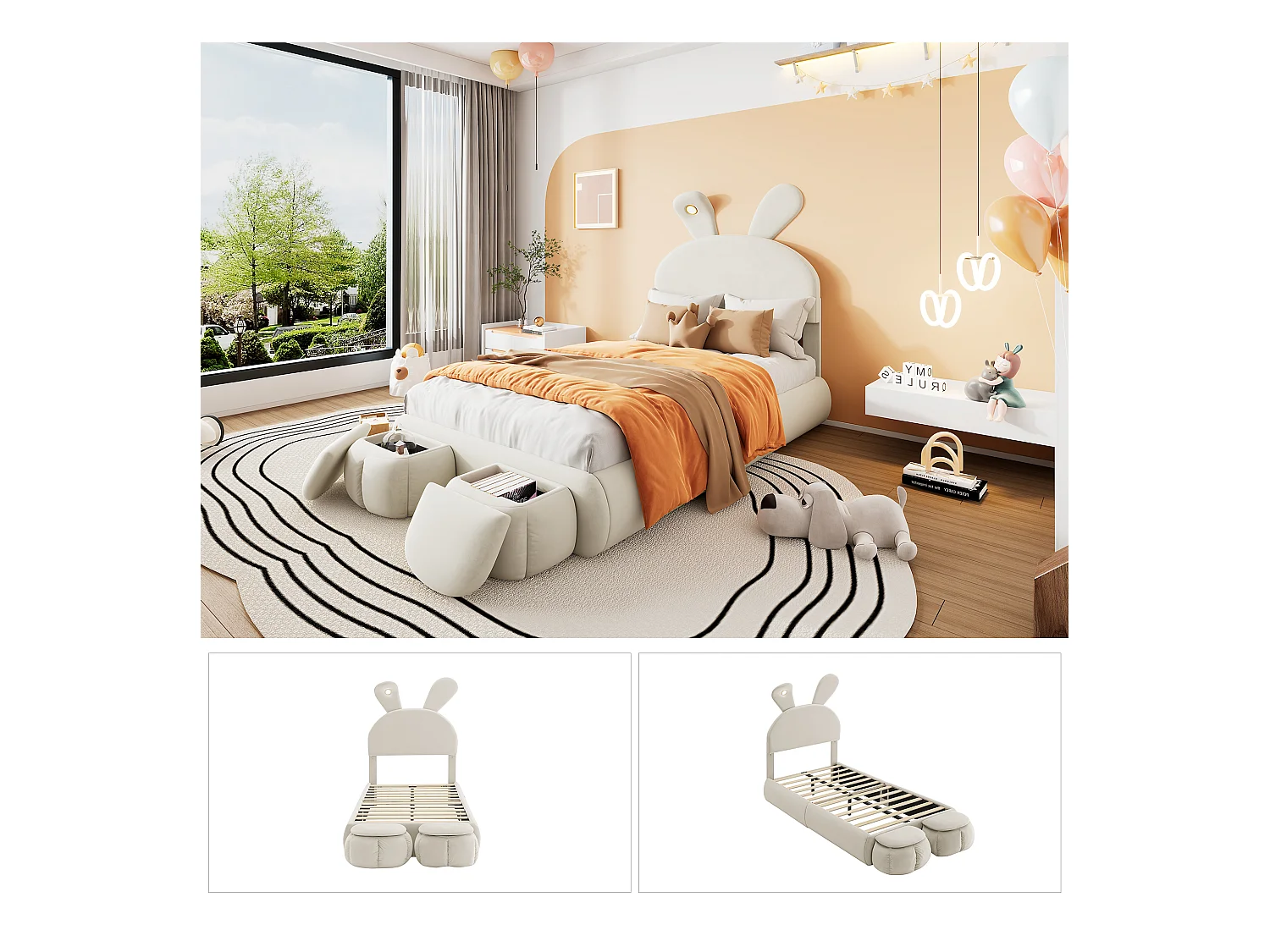 Kinderbed met cartoonbekleding - 90 x 200 cm - met 2 opbergkrukken - Konijnenoren met led-lampjes - Fluweel - Wit