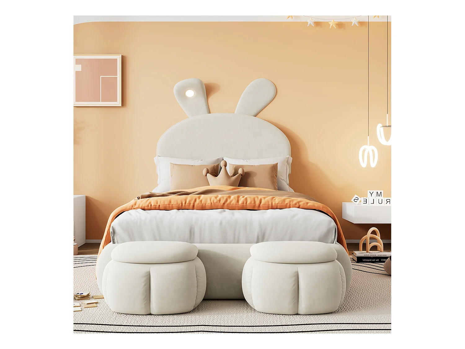 Lit capitonné cartoon pour enfant - 90 x 200 cm - avec 2 tabourets de rangement - oreilles de lapin avec LEDs - Velours - blanc