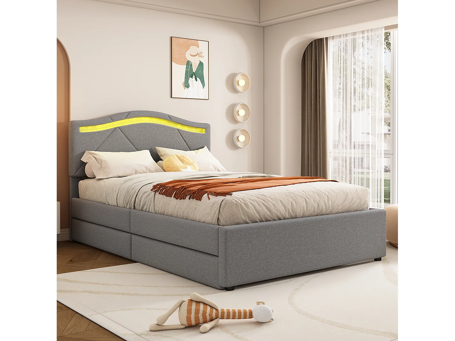 Lit capitonné - 90 x 200 cm - avec tête de lit réglable et 2 tiroirs- tissu en lin - LEDs - coloris gris