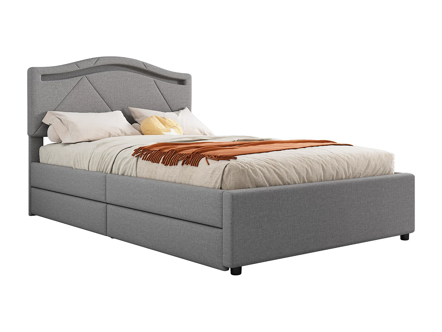 Lit capitonné - 90 x 200 cm - avec tête de lit réglable et 2 tiroirs- tissu en lin - LEDs - coloris gris