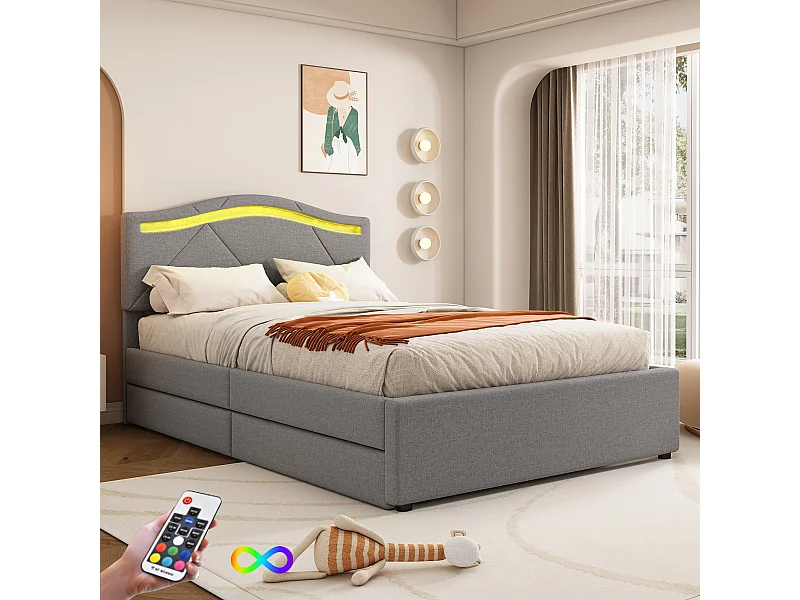 Polsterbett – 90 x 200 cm – mit verstellbarem Kopfteil und 2 Schubladen – Leinenstoff – LEDs – Grau