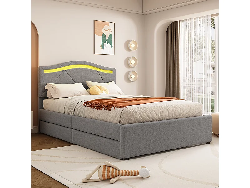 Łóżko tapicerowane - 90 x 200 cm - z regulowanym zagłówkiem i 2 szufladami - tkanina lniana - diody LED - kolor szary