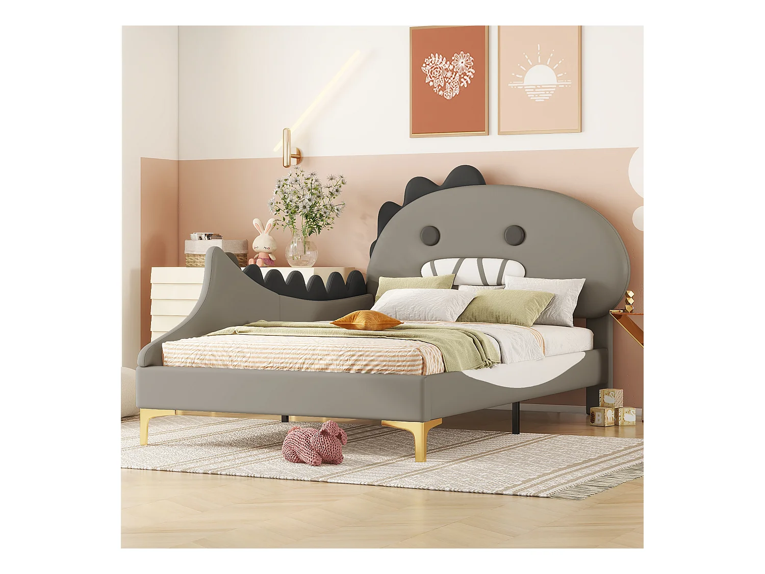 Kinder-Plattformbett – 90 x 200 cm – Dinosaurier-Motiv – PU – grau