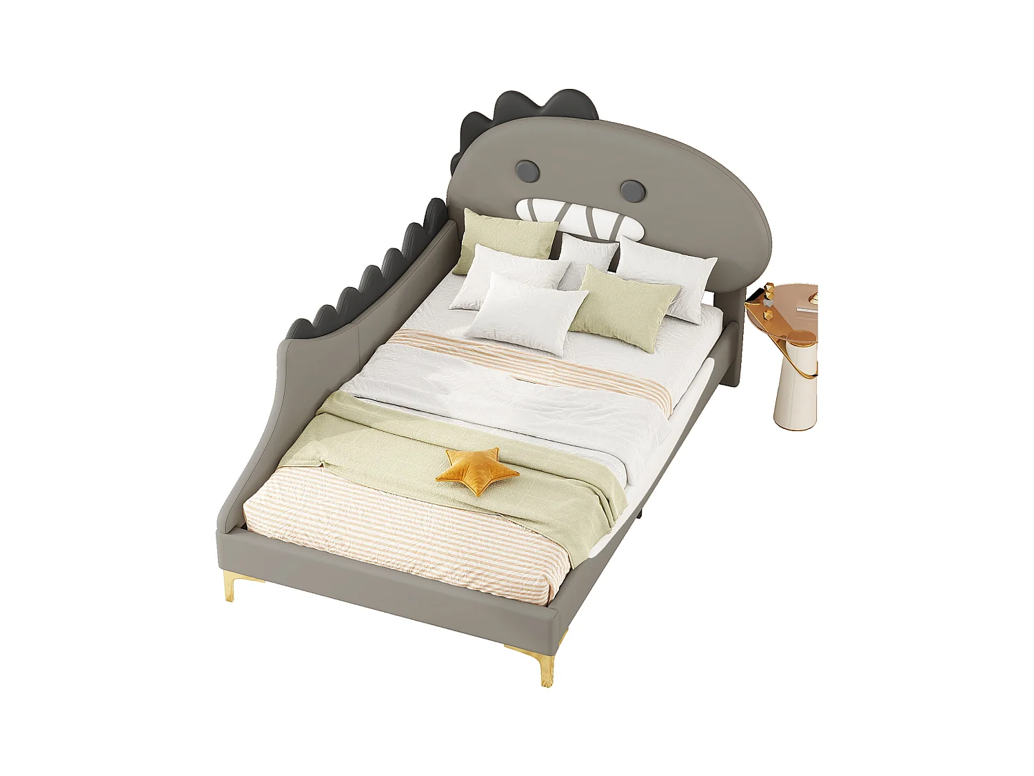 Kinder-Plattformbett – 90 x 200 cm – Dinosaurier-Motiv – PU – grau