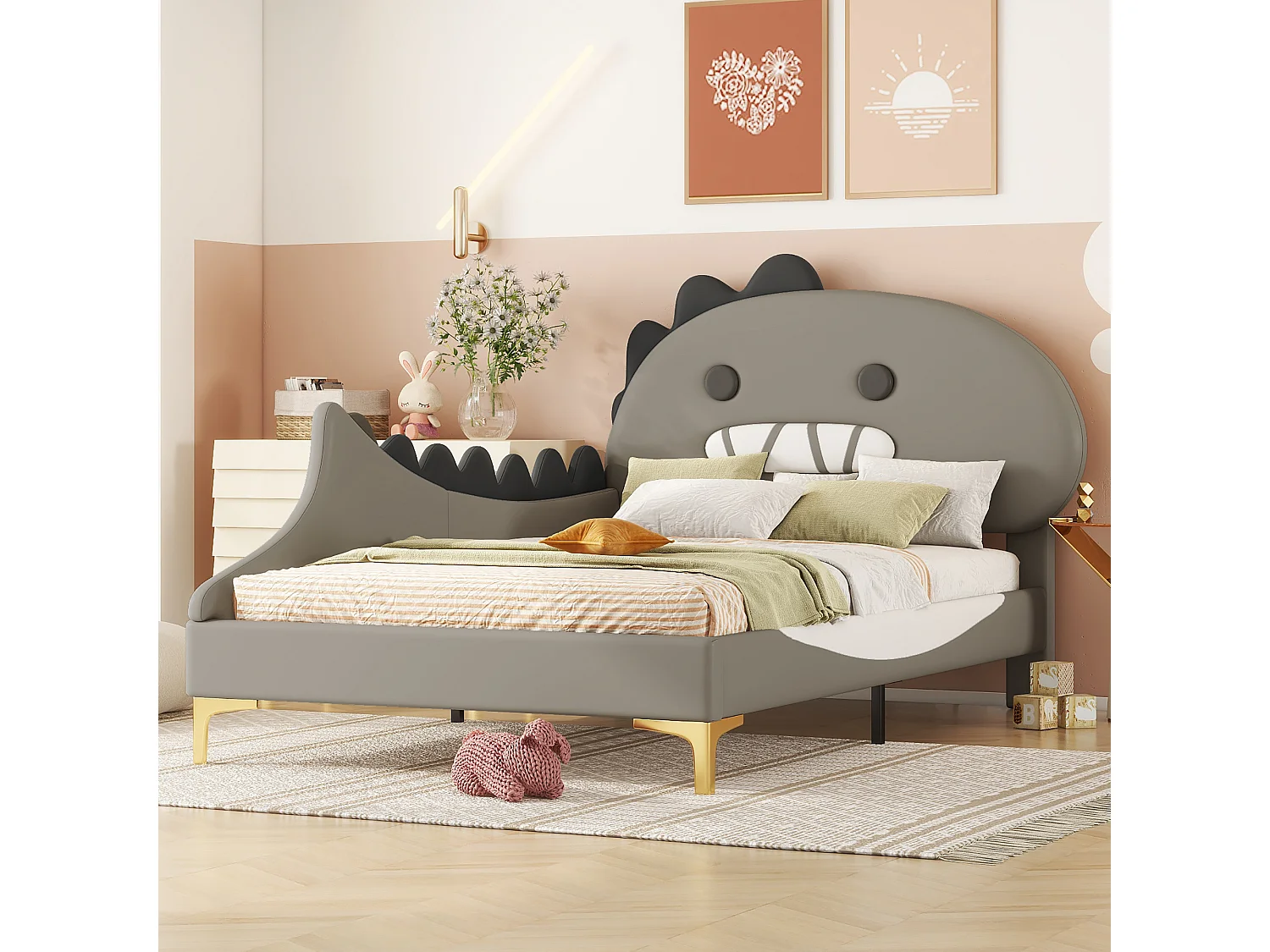 Kinder-Plattformbett – 90 x 200 cm – Dinosaurier-Motiv – PU – grau