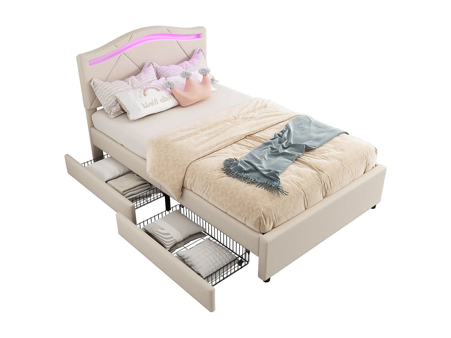 Lit capitonné - 90 x 200 cm - avec tête de lit réglable et 2 tiroirs - tissu en lin - LEDs - coloris beige