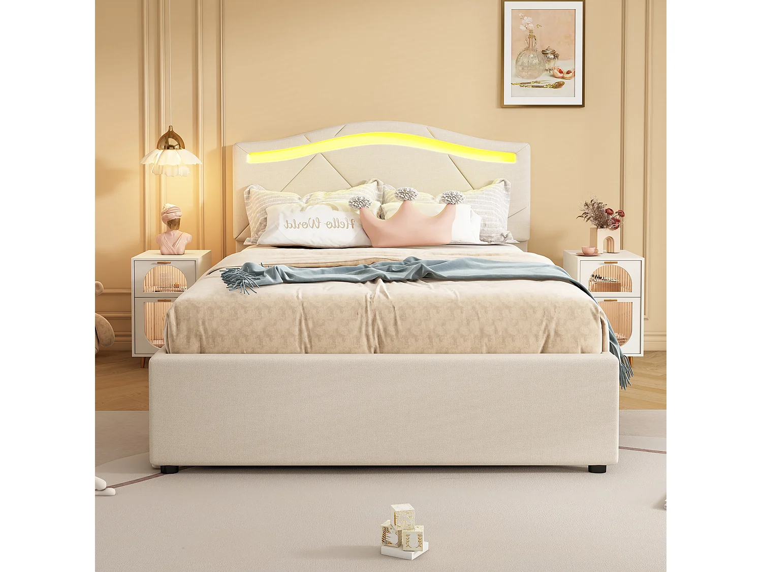 Lit capitonné - 90 x 200 cm - avec tête de lit réglable et 2 tiroirs - tissu en lin - LEDs - coloris beige