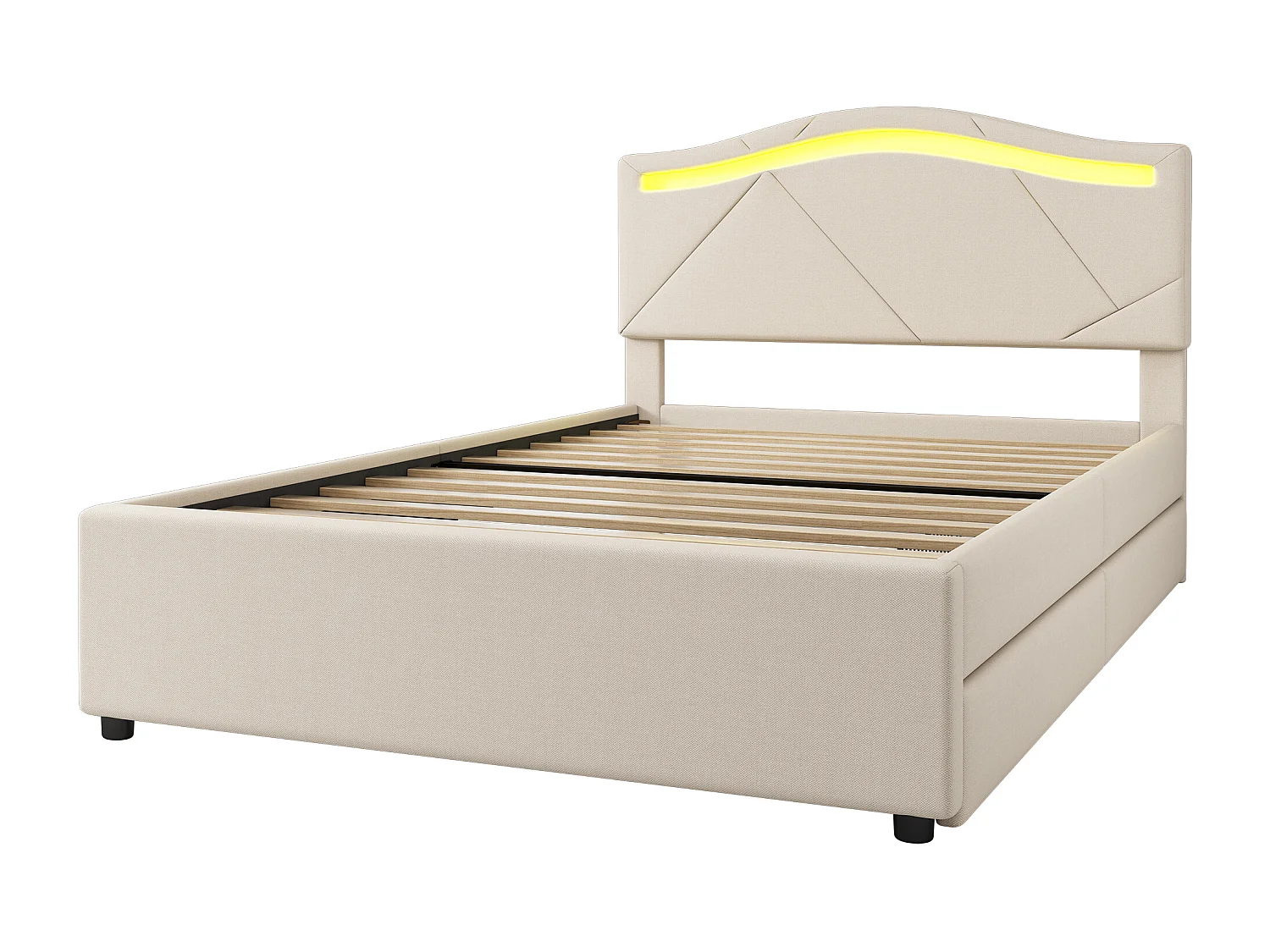 Lit capitonné - 90 x 200 cm - avec tête de lit réglable et 2 tiroirs - tissu en lin - LEDs - coloris beige