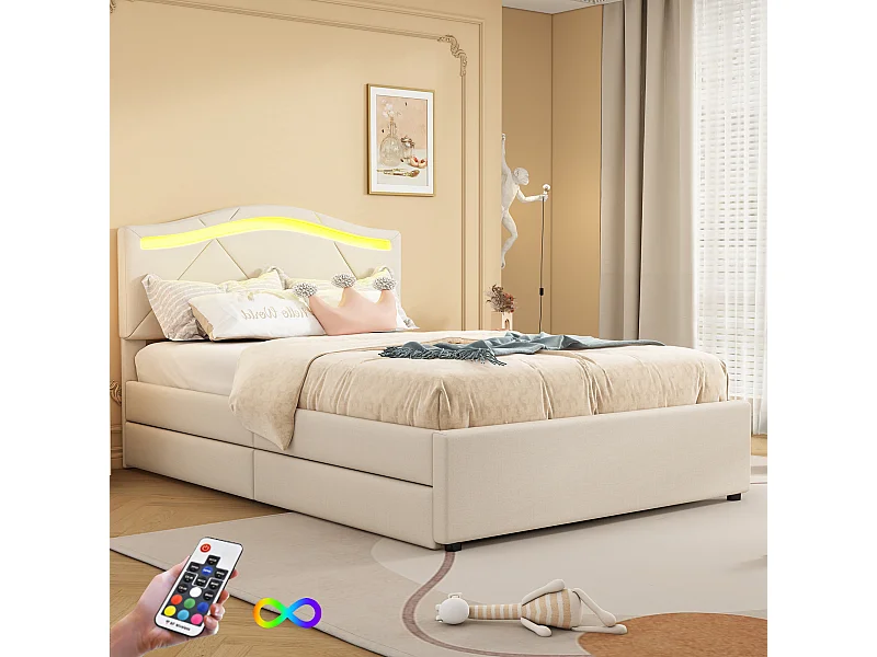 Gestoffeerd bed - 90 x 200 cm - met verstelbaar hoofdeinde - linnen stof - LED's - beige kleur