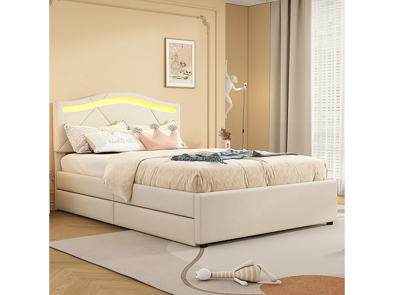 Łóżko tapicerowane - 90 x 200 cm - z regulowanym zagłówkiem i 2 szufladami - tkanina lniana - diody LED - kolor beżowy