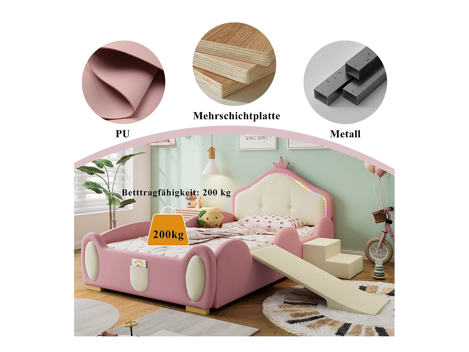 Lit capitonné cartoon pour enfant - 90 x 200 cm - toboggan et escalier - PU - LEDs - Rose