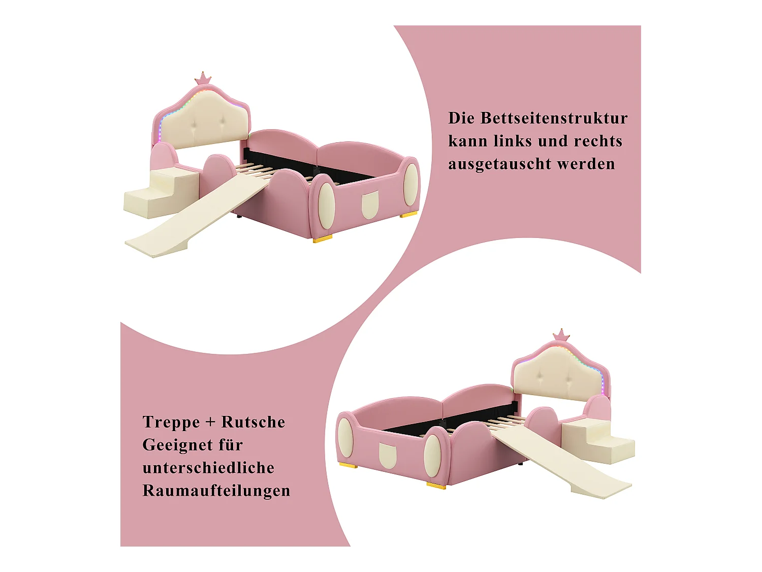 Lit capitonné cartoon pour enfant - 90 x 200 cm - toboggan et escalier - PU - LEDs - Rose
