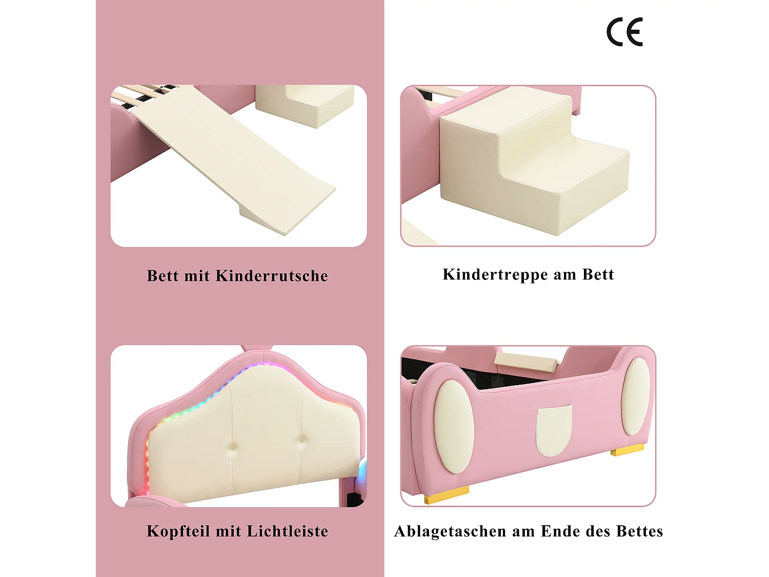 Lit capitonné cartoon pour enfant - 90 x 200 cm - toboggan et escalier - PU - LEDs - Rose