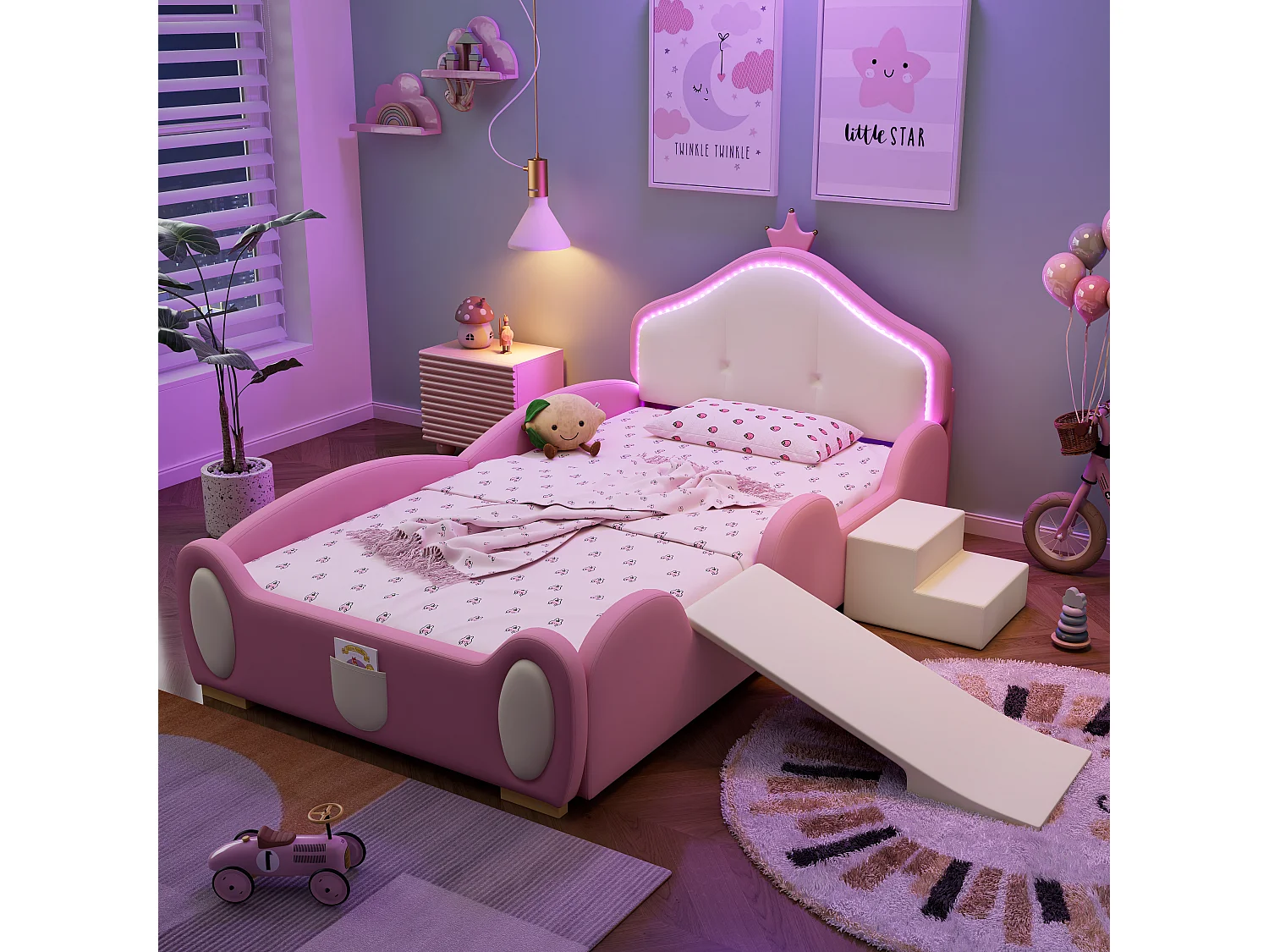 Kinderbed met cartoonbekleding - 90 x 200 cm - Glijbaan en trap - PU - LED's - Roze