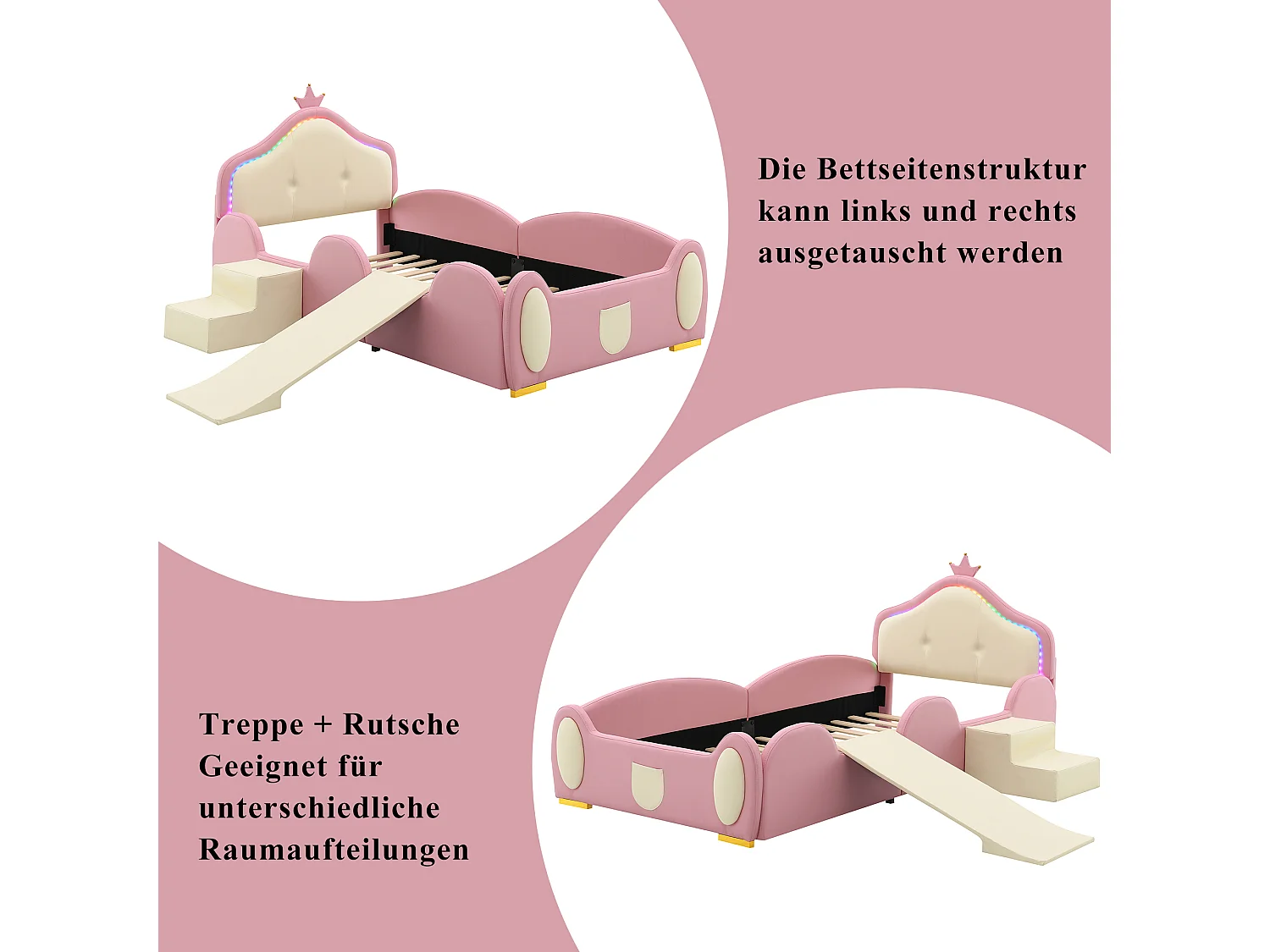 Kinderbed met cartoonbekleding - 90 x 200 cm - Glijbaan en trap - PU - LED's - Roze