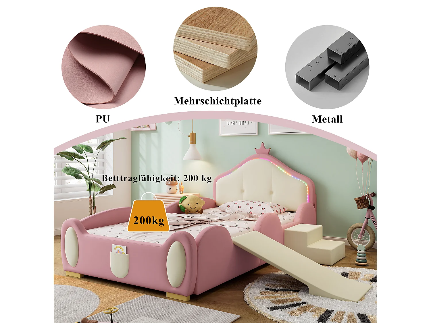 Lit capitonné cartoon pour enfant - 90 x 200 cm - toboggan et escalier - PU - LEDs - Rose