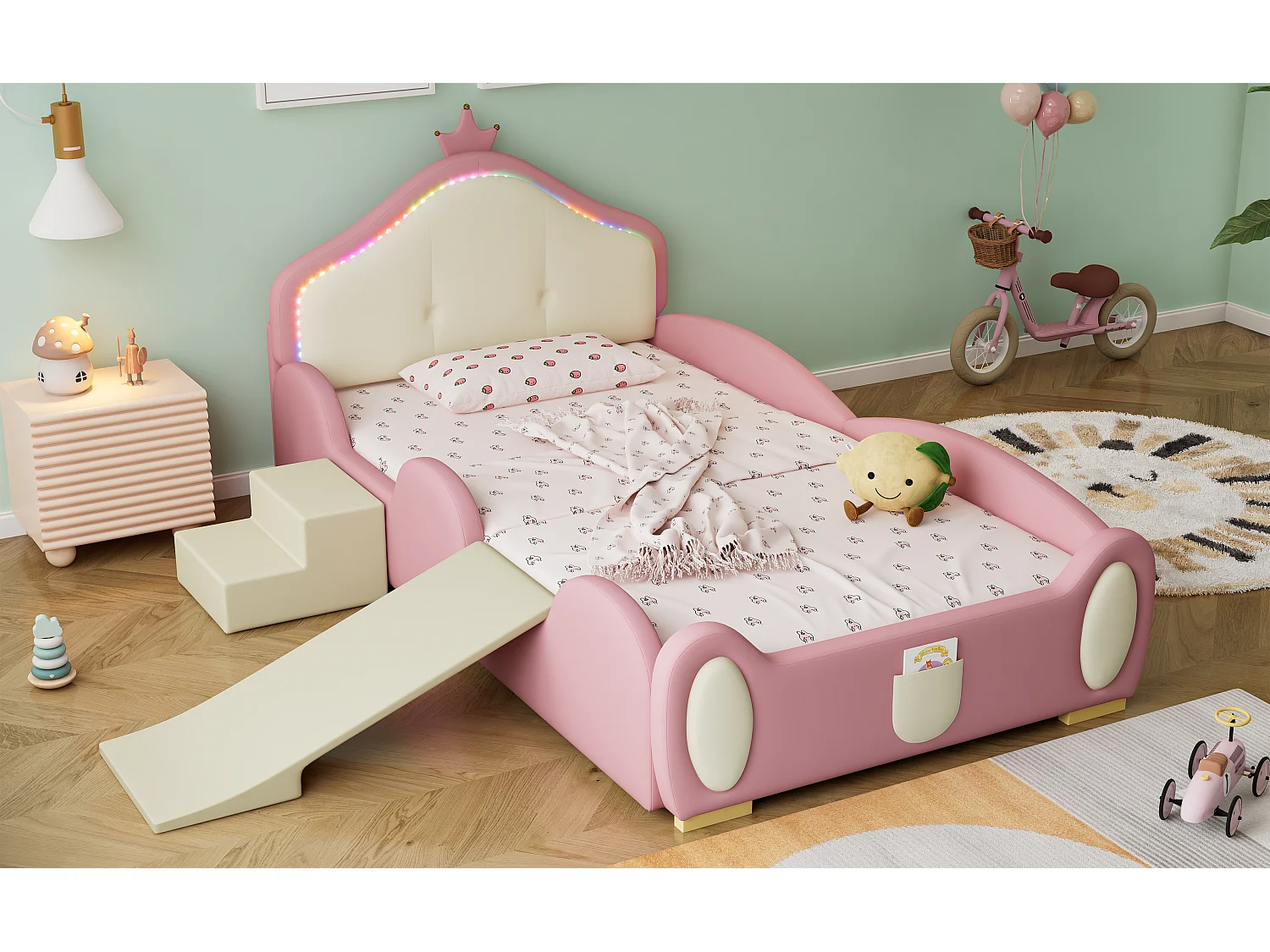 Lit capitonné cartoon pour enfant - 90 x 200 cm - toboggan et escalier - PU - LEDs - Rose