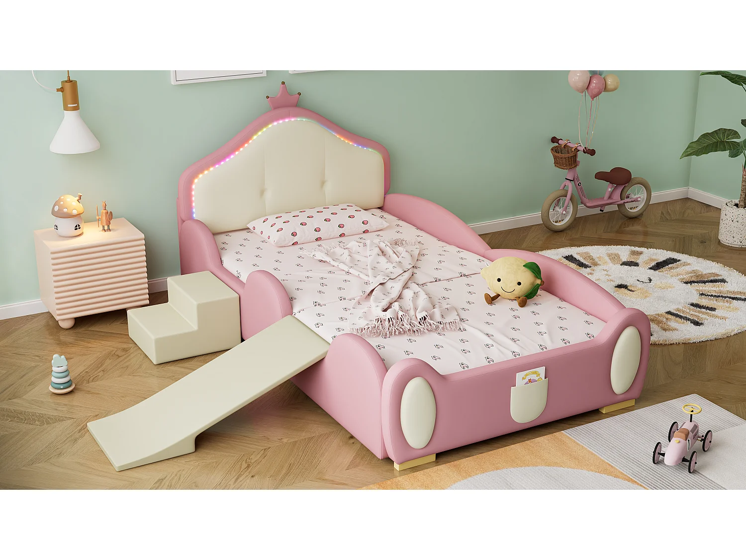 Lit capitonné cartoon pour enfant - 90 x 200 cm - toboggan et escalier - PU - LEDs - Rose