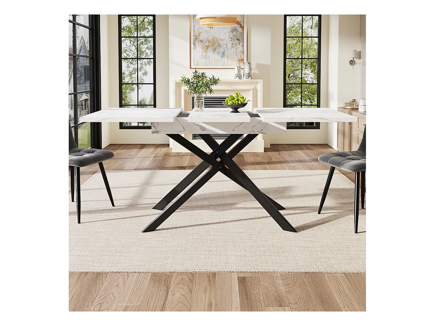 Table à manger extensible - 120/160 x 80 x 76.5 cm - pieds en fer croisés noirs, panneau en MDF - blanc