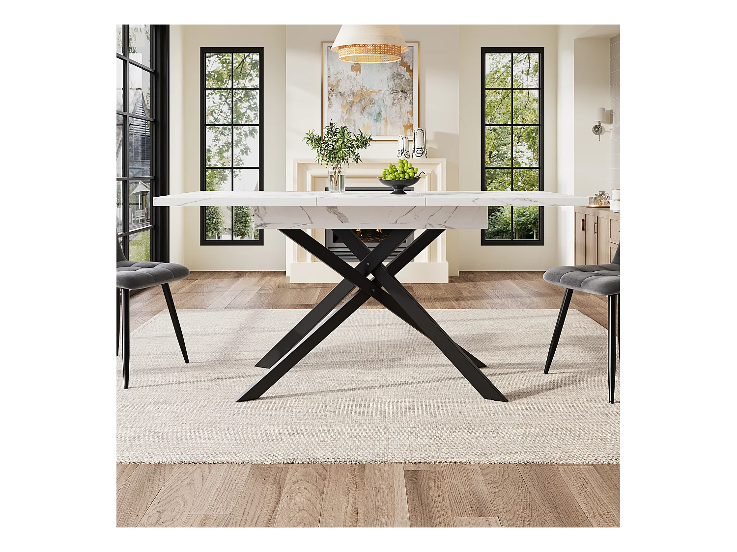 Table à manger extensible - 120/160 x 80 x 76.5 cm - pieds en fer croisés noirs, panneau en MDF - blanc