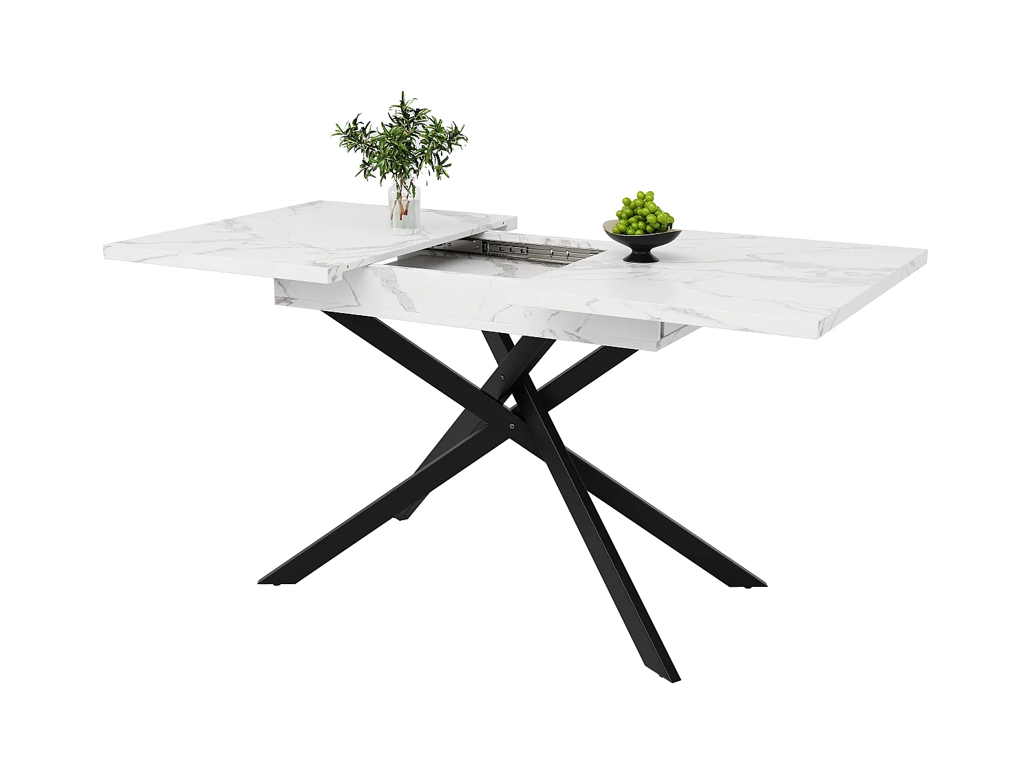 Table à manger extensible - 120/160 x 80 x 76.5 cm - pieds en fer croisés noirs, panneau en MDF - blanc