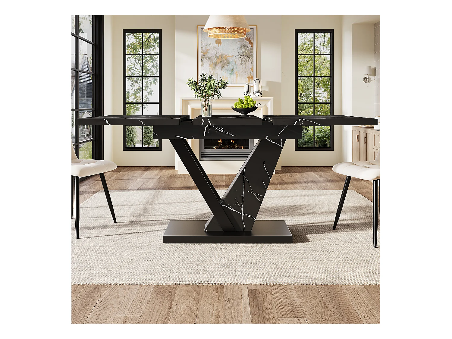 Table à manger extensible - 120/160 x 75 x 75.5cm - MDF+Metal, avec motif en marbre - noir