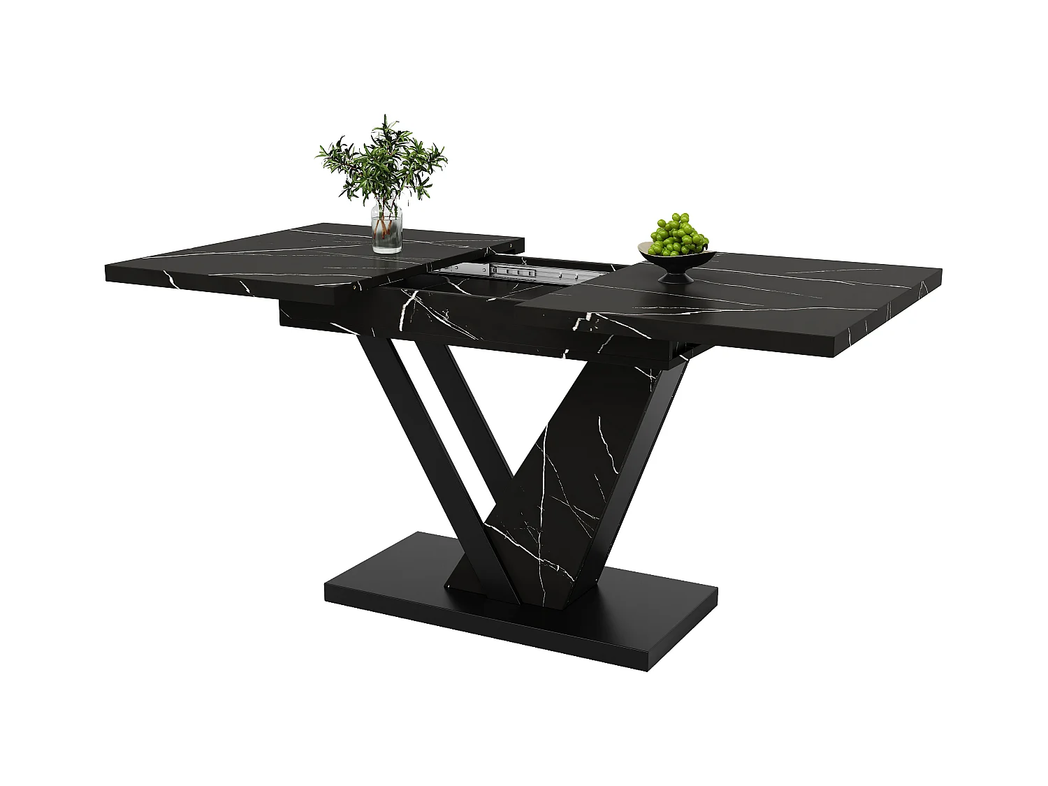 Table à manger extensible - 120/160 x 75 x 75.5cm - MDF+Metal, avec motif en marbre - noir