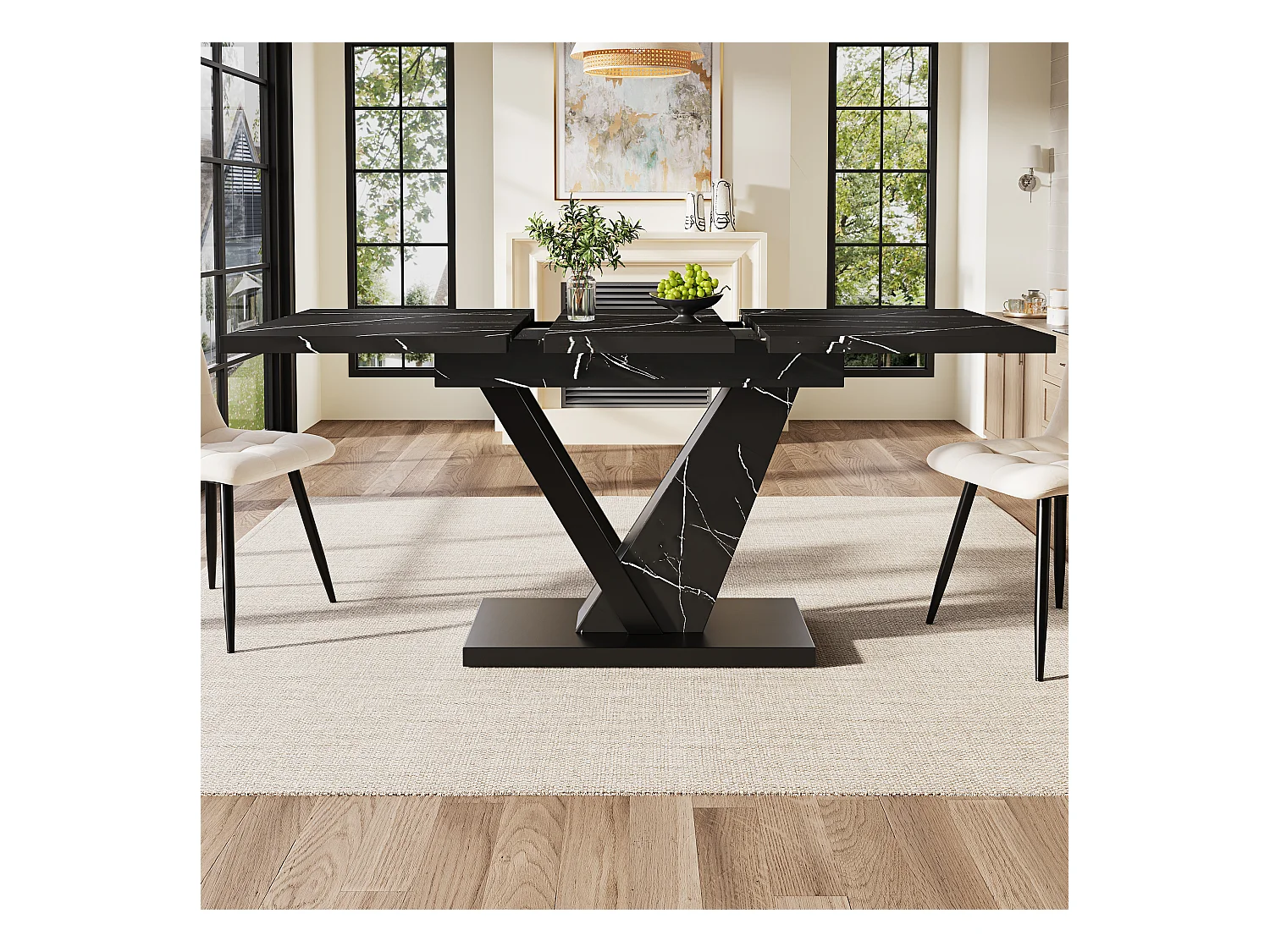 Table à manger extensible - 120/160 x 75 x 75.5cm - MDF+Metal, avec motif en marbre - noir